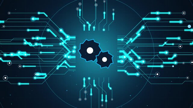 Digital gears icon with glowing blue circuit board lines