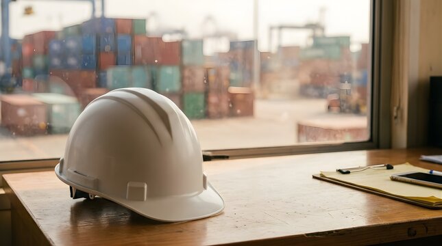 White hard hat on office desk overlooking a busy shipping container port