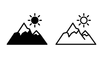 Mountain Iconography: A stylized representation of majestic mountains under a bright sun, presented in both solid black and outline styles, perfect for graphic design and outdoor themes. © Jarin