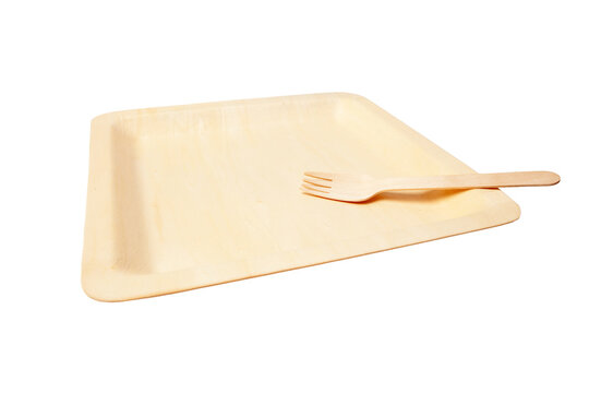 Empty Square Wooden Plate and Fork Isolated