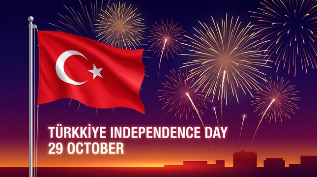 Turkey's Independence Day: A Festive Night Sky with Fireworks and Flag