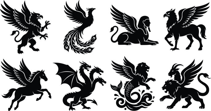 Fantasy Mythical Creature Silhouette Collection with Griffins Dragons Pegasus and Winged Beasts