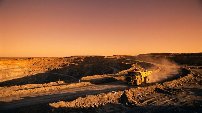 Mining truck driving on haul road in open pit mine at sunset