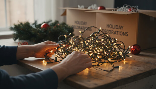 Man untangling fairy lights on wooden table near cardboard box labeled holiday decorations before Christmas