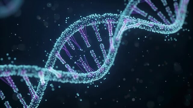 3D animation of a double helix DNA molecule with glowing particles floating in a dark digital space.