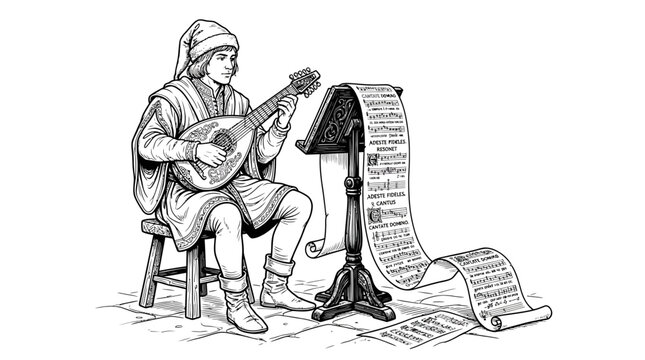 Medieval Bard Playing Lute, Illuminated Manuscript Music Sheet, Historical Performance Art, Black and White Line Drawing