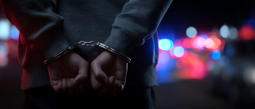 A person in handcuffs under police lights.