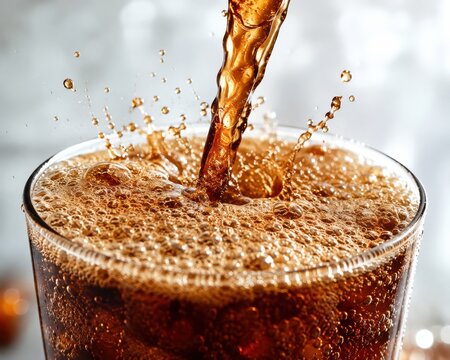 Pouring dark carbonated beverage into glass with splashing liquid and refreshing effervescent bubbles.