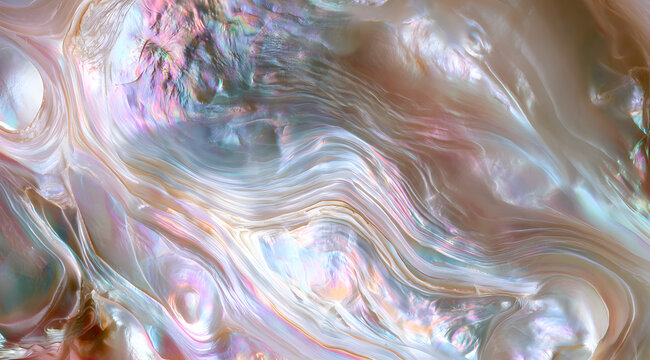 Examining the mother-of-pearl shell from a macro perspective reveals iridescent hues.