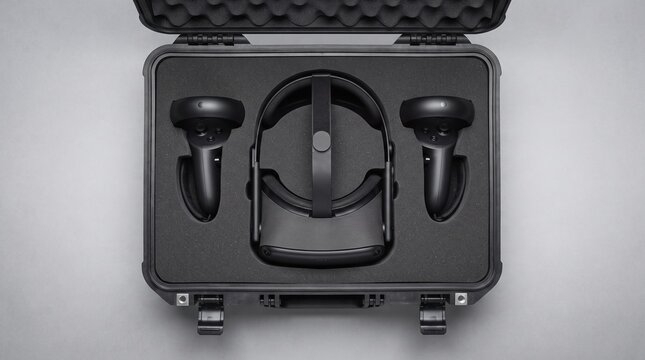 black virtual reality headset and motion controllers stored inside protective foam hard case top view overhead equipment for modern vr gaming travel and transport