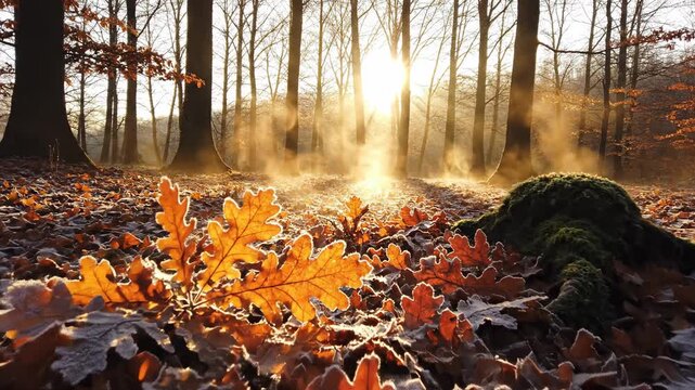 sunlight filtering through autumn forest trees, illuminating frosty fallen oak leaves and mossy ground, serene nature scene
