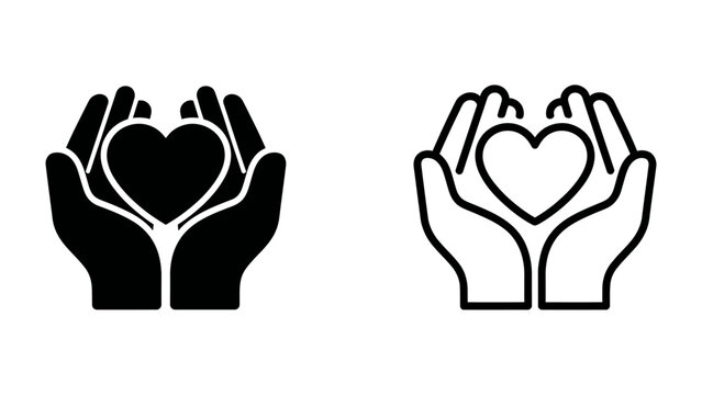 Caregiver's Embrace: A pair of open hands cradle a heart symbol, one icon filled black, the other an outline, representing care, compassion, and love.