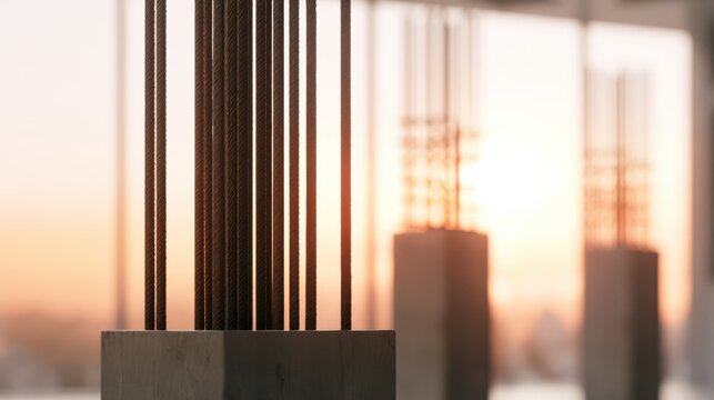 Close-up of steel rebars protruding from concrete columns during construction, with a blurred sunrise background.