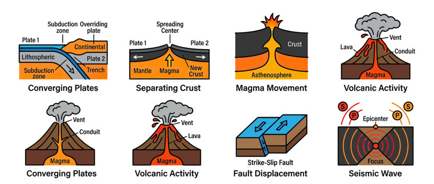 Geological Processes: Plate Tectonics and Volcanic Activity Diagrams