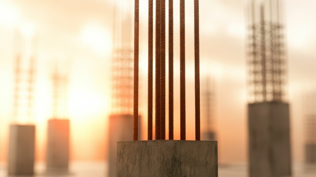 Concrete pillars with exposed steel reinforcement bars at a construction site during sunset, highlighting early structural development.
