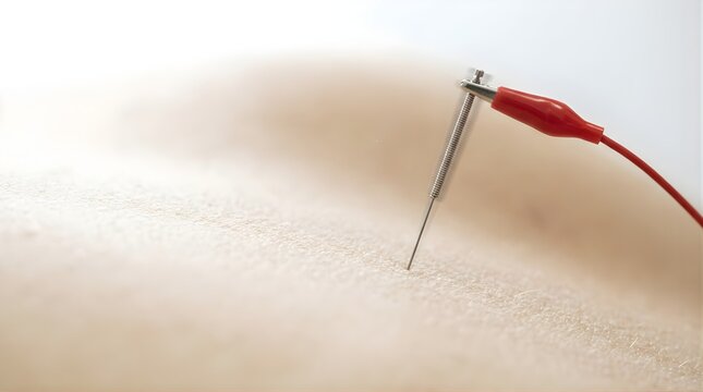 Acupuncture needle with electrical stimulation probe inserted into skin