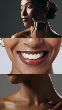Beauty, teeth and cosmetics with woman in studio, skincare series and gua sha for lymphatic drainage. Skin, touch and jade stone with smile and dental health benefits, happy person and background