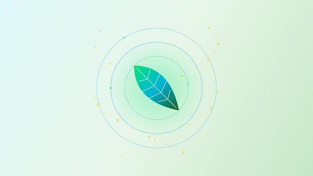 Green Eco Friendly Leaf Animation With Glowing Orbiting Particles And Concentric Waves For Sustainable Nature Technology Concept Background