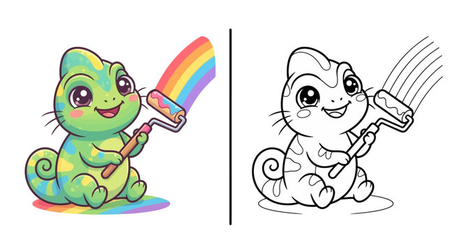 Cute kawaii chameleon paint roller rainbow kids coloring page vector