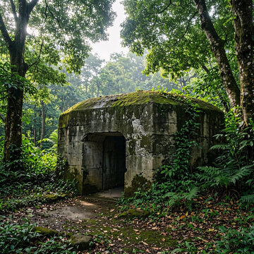  Moss-covered historic concrete bunker hidden deep within a lush tropical rainforest.