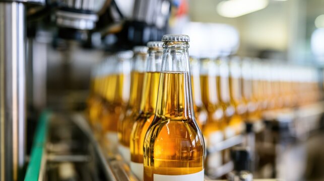 Rows of amber glass bottles filled with liquid moving along a conveyor belt in a modern bottling plant.