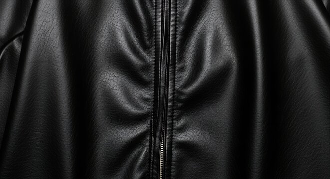 Close-up of a black leather jacket with a prominent zipper down the center, showcasing the fabrics texture and folds.