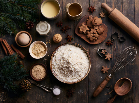 A top-down perspective of Christmas baking supplies and utensils arranged