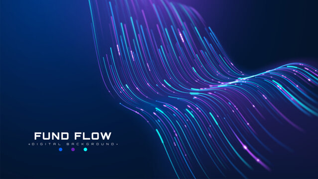 Abstract Digital Fund Flow Motion Graphic With Beautiful Bright Neon Cyan Light Curve And Advance Cyber Data Technology Network Future Virtual Economy Fast Transfer Wealth Track. Vector Illustration.
