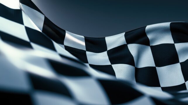 A close-up of a waving black and white checkered flag against a dark background, symbolizing racing and competition.