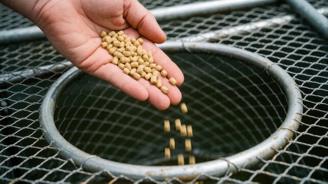 A close-up shot of a human hand scattering dried fish food pellets into a submerged farming net.