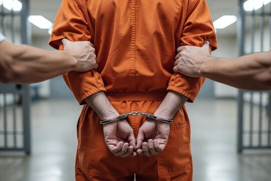 A prisoner in an orange jumpsuit is being escorted by arms, hands cuffed behind their back.