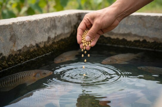 A close-up view of a hand feeding fish in a concrete pond with small circular food pellets.