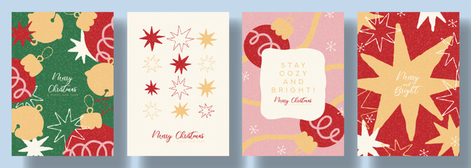 Naklejka premium Modern Christmas and New Year card set. Hand-drawn style poster collection for design of covers, branding, holiday events, packaging. Vector illustration with stars, Christmas ball, golden bells.