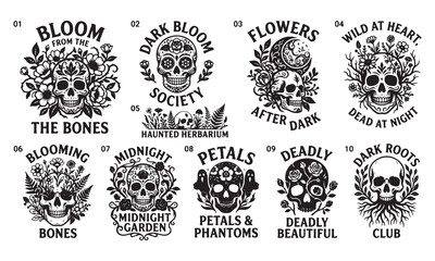 Fototapeta premium Set of ten monochrome gothic skull badges featuring floral arrangements, dark roots, moon phases, and spooky typography for apparel and sticker isolated on a white background