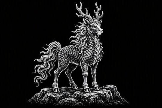 High contrast white engraved line art of a mythological Kirin creature.