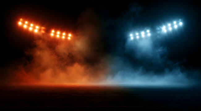 Stadium floodlights illuminate a smoky atmosphere over an empty sports field. Orange and blue lights create a dramatic mood, perfect for event backgrounds or futuristic themes.
