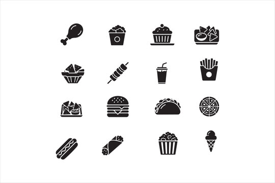 Fast food icon set in solid black style featuring burger, pizza, popcorn, and snacks. Vector illustration for menu and restaurant UI.