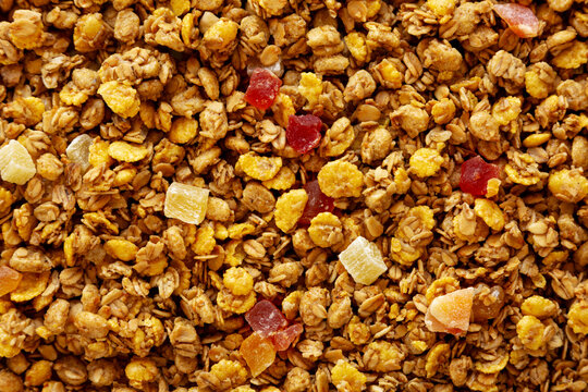 Crispy Granola with Tropical Fruits, top view.