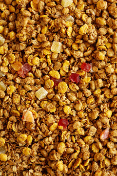 Crispy Granola with Tropical Fruits, top view.