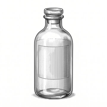 Vintage engraving of an empty apothecary glass bottle with a cork stopper and blank label template