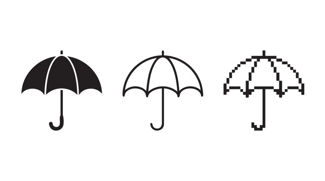 Three stylized umbrella icons in solid, outline, and pixelated art styles