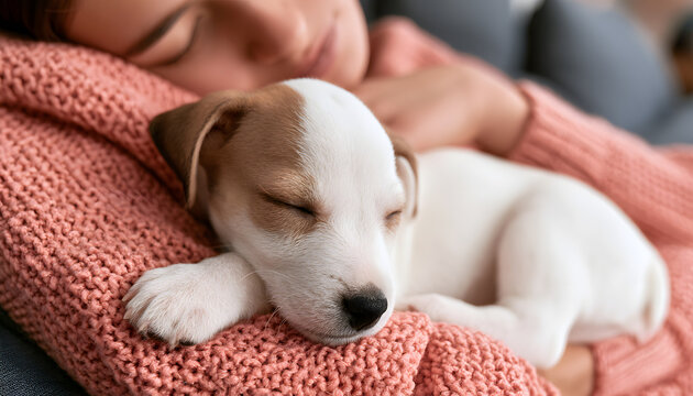 A cute little puppy sleeping on its owner's chest at home, providing companionship and emotional support, in a warm and cozy setting
