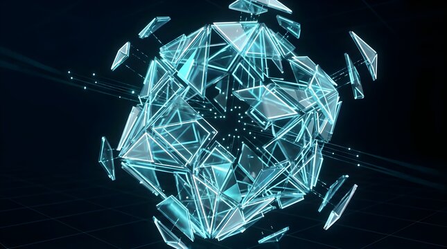 Exploding blue glass geometric sphere with neon light lines on dark grid