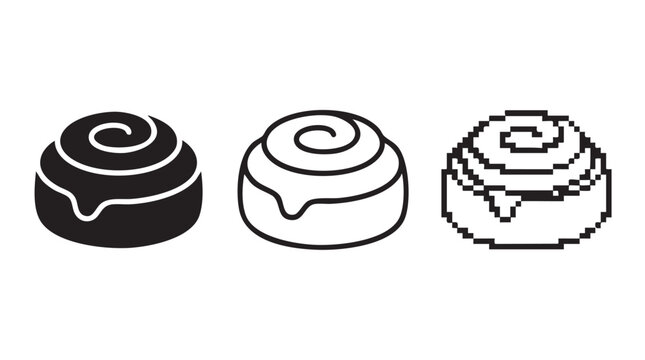 Three distinct styles of cinnamon roll icons on a white background surface