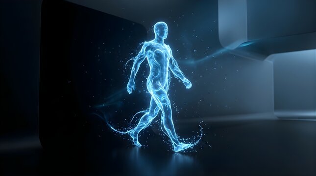 Glowing blue water human silhouette walking in dark abstract space