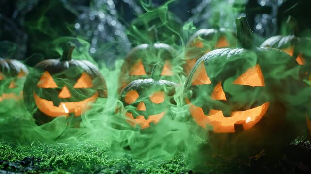 Scary jack o lanterns glowing with spooky green fog and candlelight, a group of carved pumpkins in a dark forest setting, perfect for Halloween celebrations