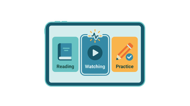 Modern digital e-learning tablet illustration featuring reading watching and practice modules for online education and skill development