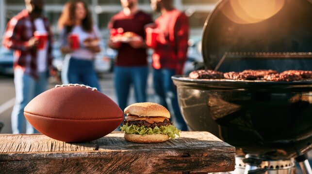 A football, cheeseburger, and grill with burgers cooking, with a group of people socializing in the background, capturing a casual outdoor barbecue scene.