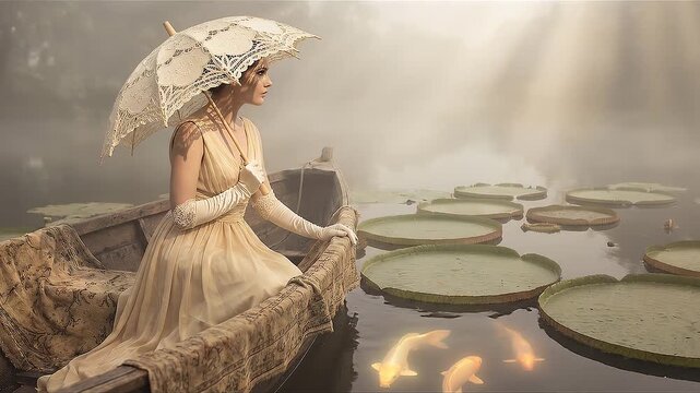 A surreal woman holding a vintage parasol sits on a boat among giant lily pads beneath heavenly light, creating a dreamlike fantasy landscape.