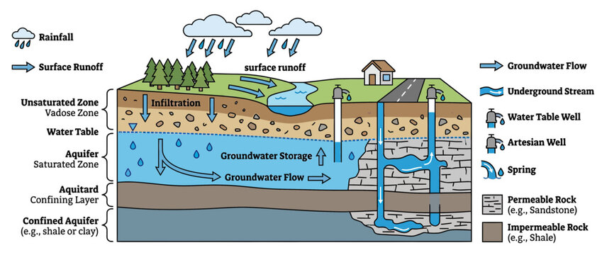 Groundwater Hydrology Diagram: Water Cycle and Aquifer System